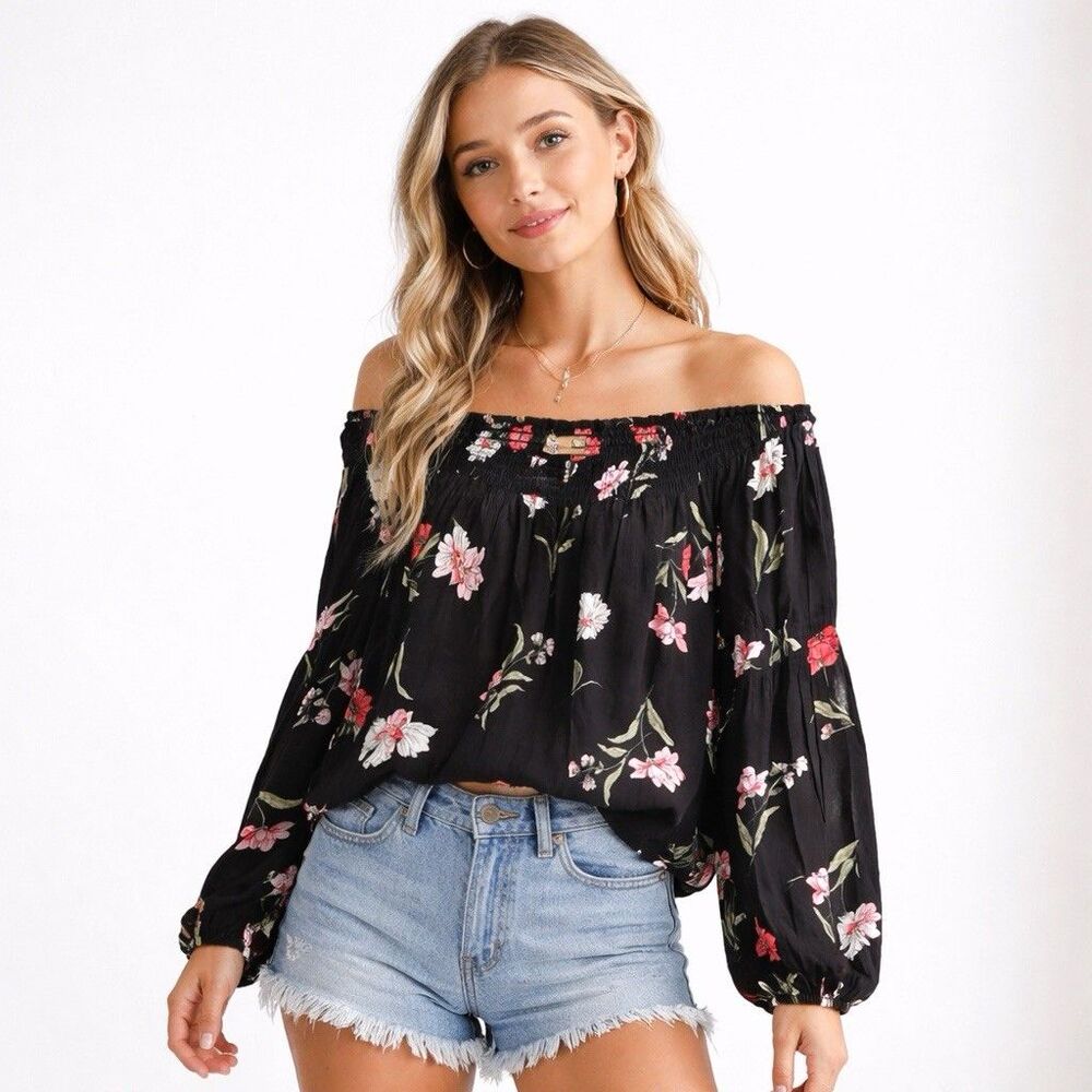 Hollister Floral Off Shoulder Boho Peasant Blouse Black Pink Small‎